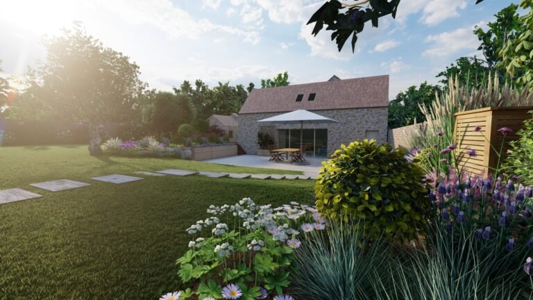 rendu 3D jardin et maison